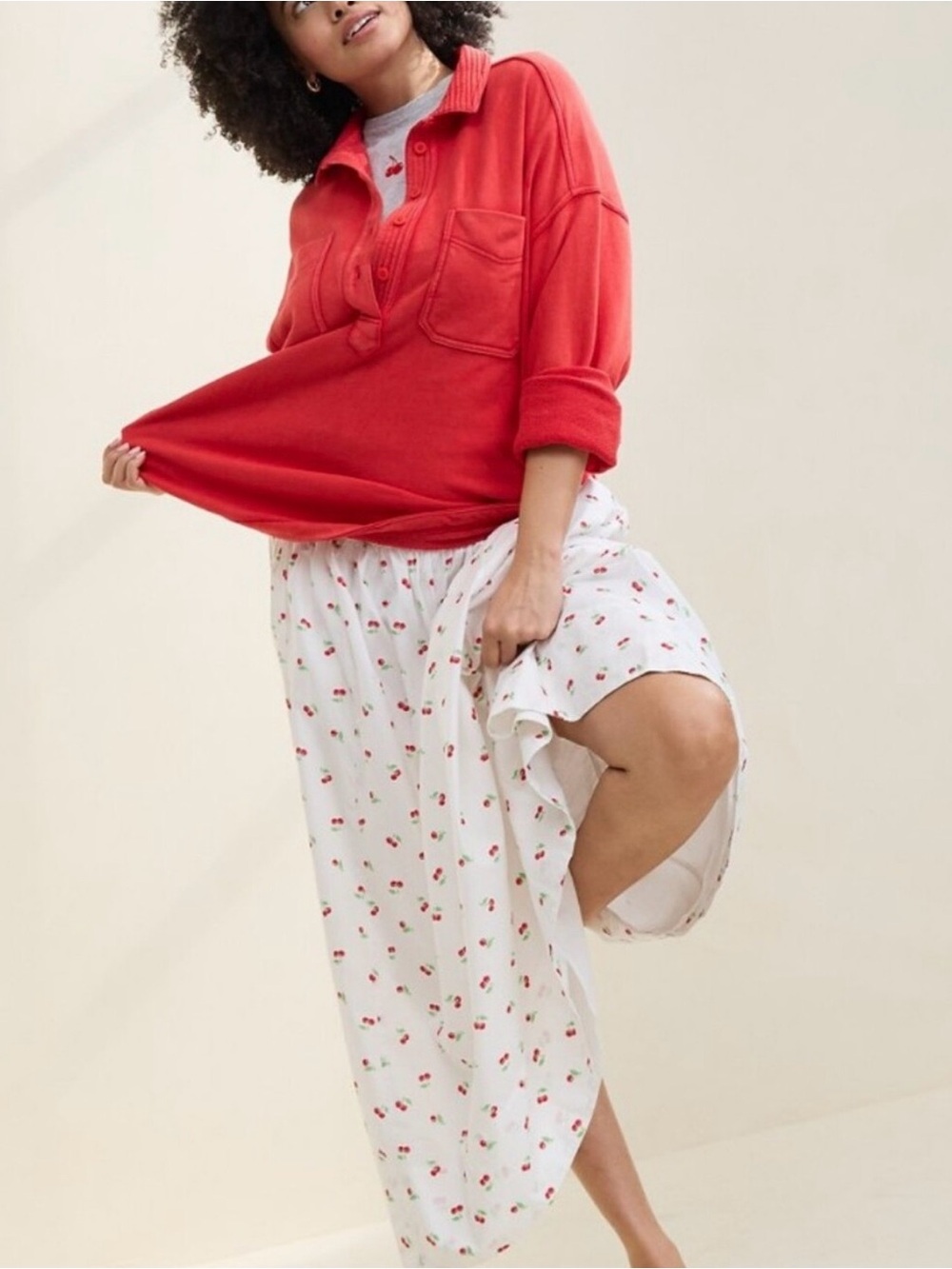 aerie White Midi Skirt with Cherry Print